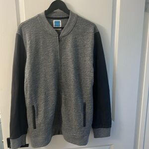 Jason Scott Men's Gray Black Full Zip Jacket Leather Sleeves & Pocket Trim